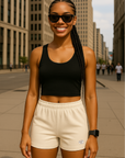 RF Wear Women's Solid Color Shorts - Cream - Model Front View