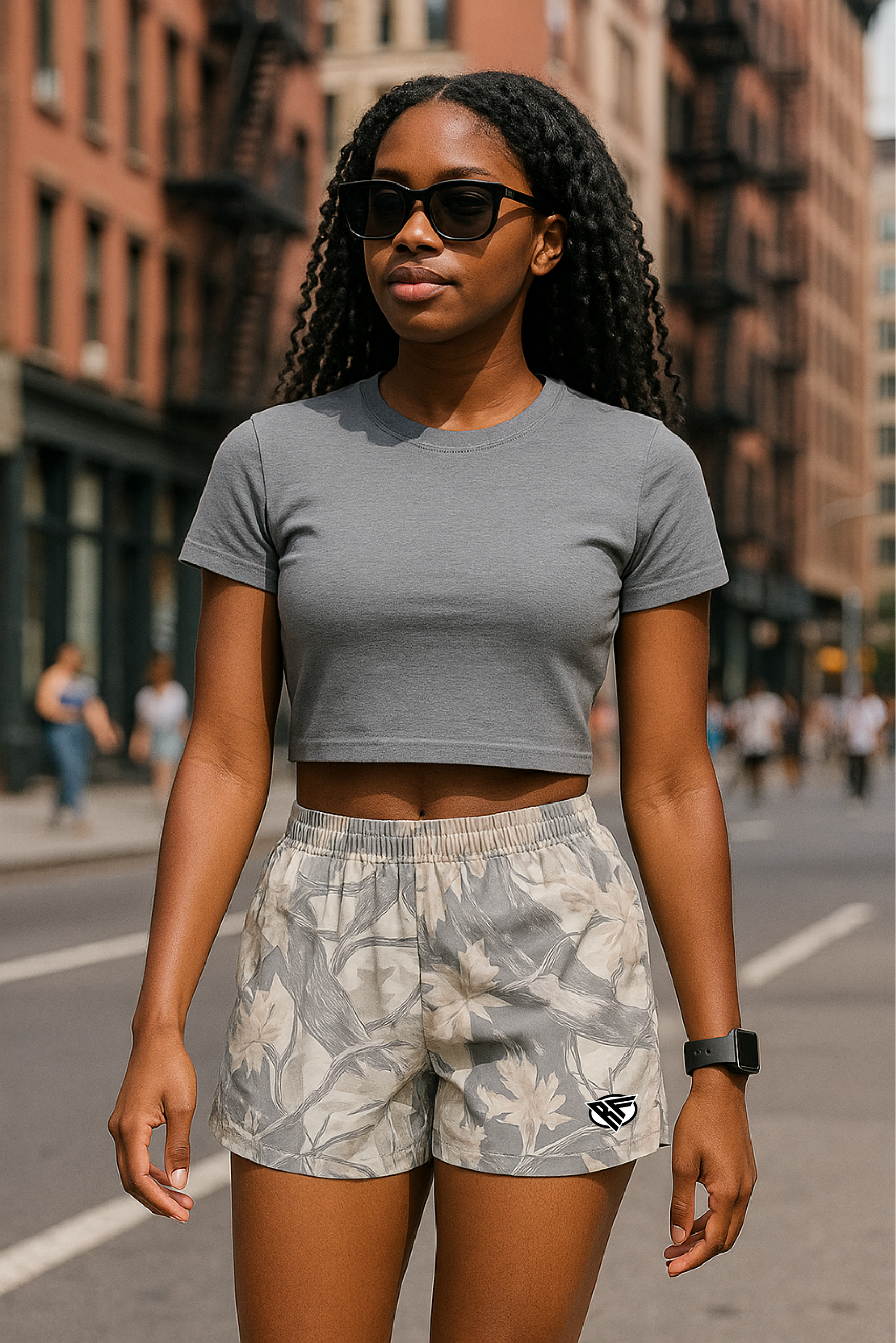 RF Wear Women's Tree Camo Shorts - Cream/Grey - Model Front View