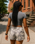 RF Wear Women's Tree Camo Shorts - Cream/Grey - Model Back View