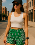 RF Wear Women's Bandana Shorts - Green/White - Model Front View