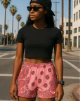 RF Wear Women's Bandana Shorts - Pink/Red/Grey - Model Front View