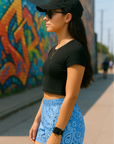 RF Wear Women's Bandana Shorts - Sky-Blue/White/Black - Model Side View