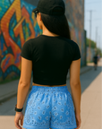 RF Wear Women's Bandana Shorts - Sky-Blue/White/Black - Model Back View