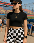 RF Wear Women's Checkered Shorts - Black/White - Model Front View