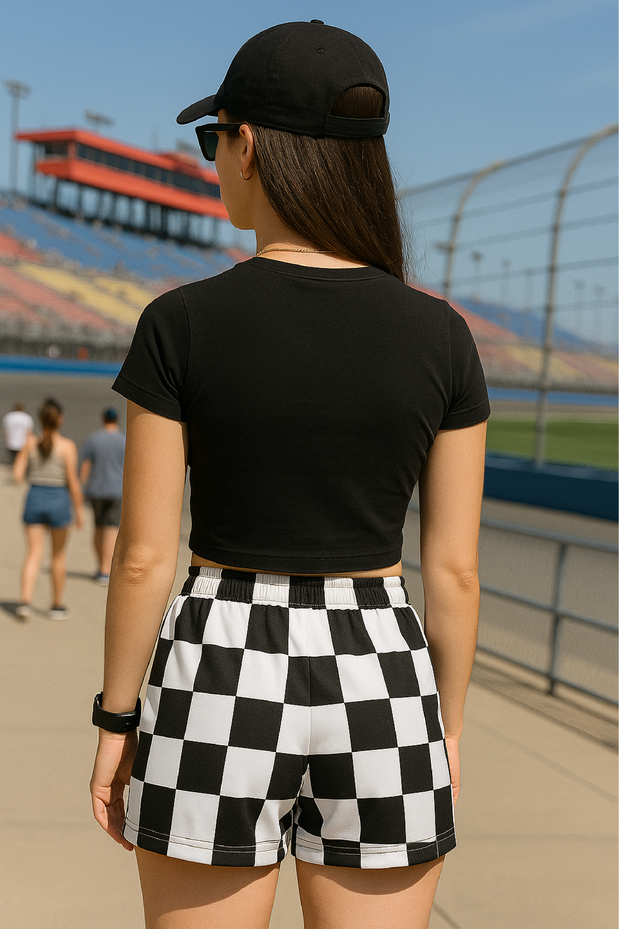 RF Wear Women's Checkered Shorts - Black/White - Model Back View