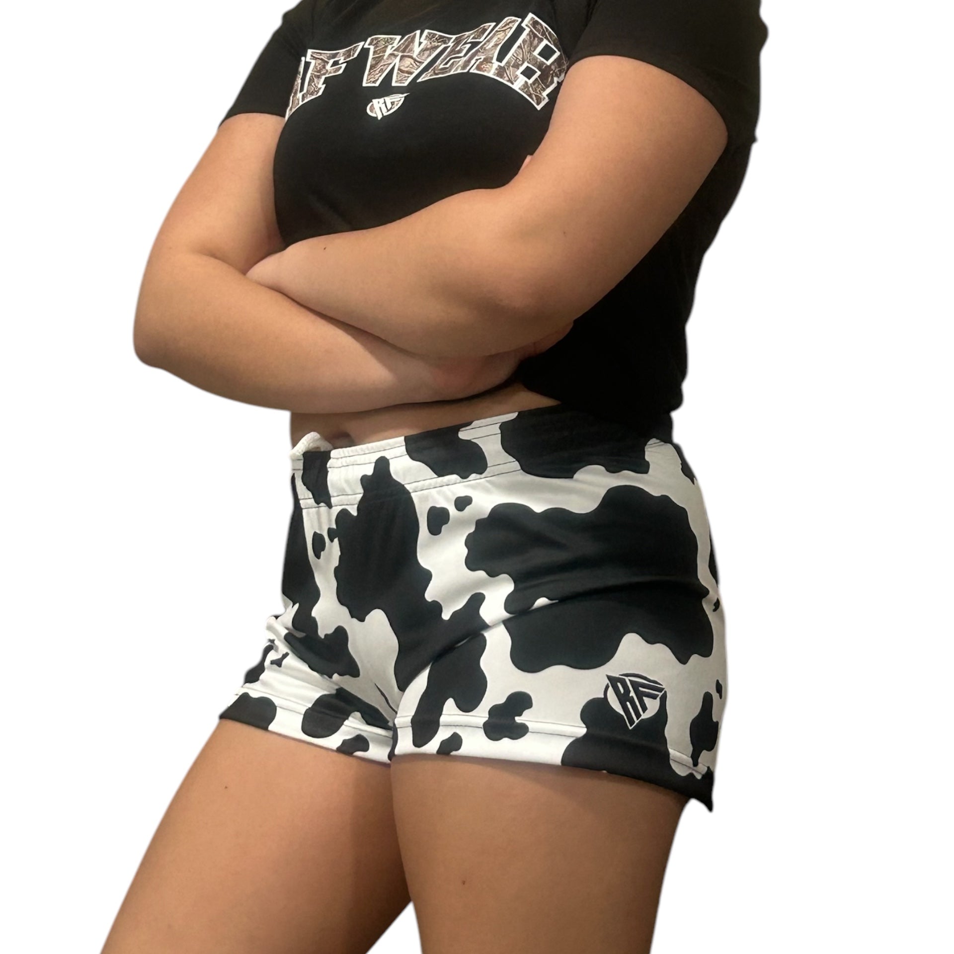 RF Wear Women's Animal Print Shorts - Cow - Black/White - Model Side View