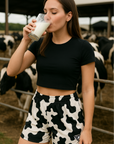 RF Wear Women's Animal Print Shorts - Cow - Black/White - Model Front View
