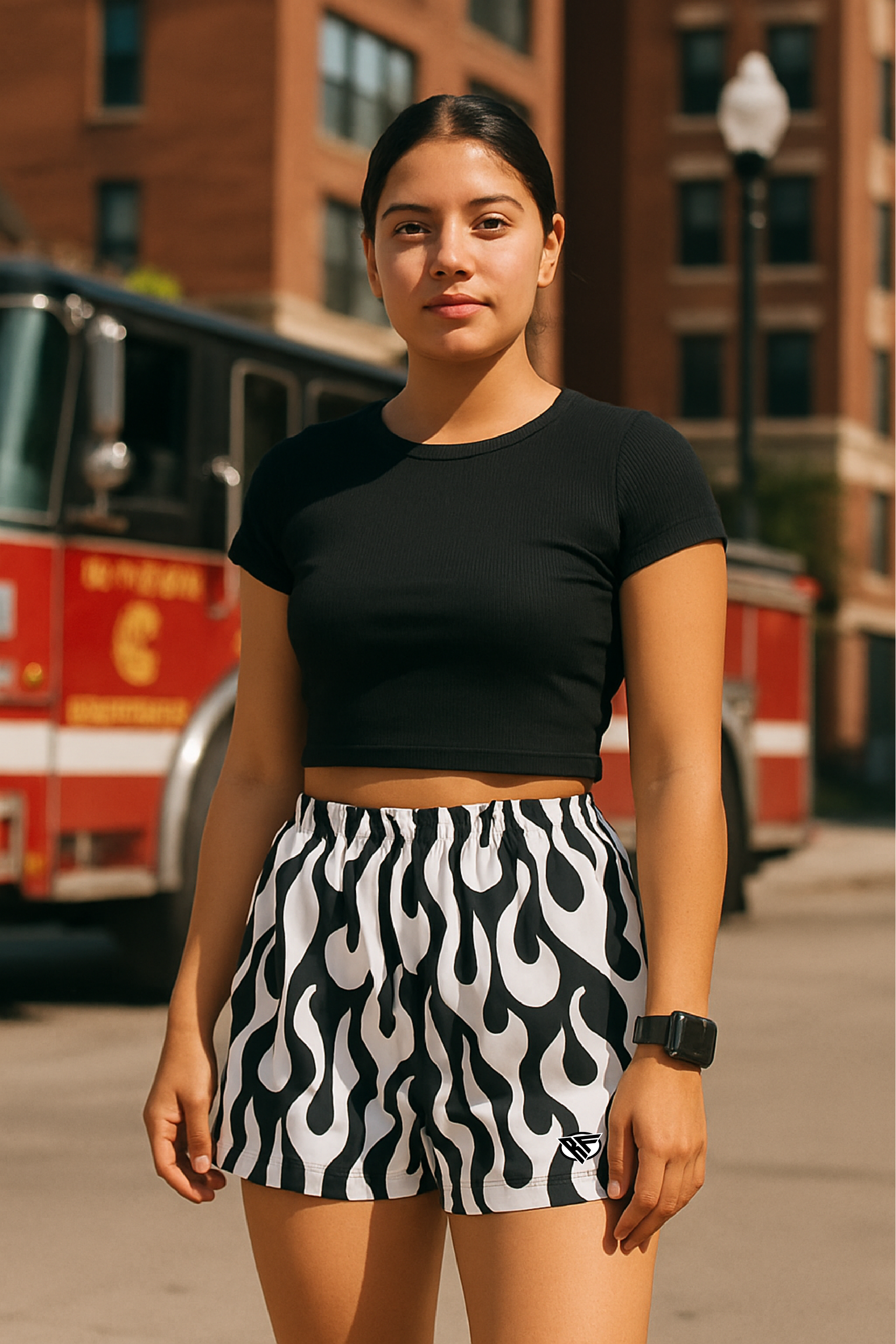 RF Wear Women's Flame Shorts - Black/White - Model Front View