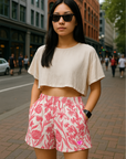 RF Wear Women's Floral Porcelain Pocket Shorts - Fuchsia/White - Model Front View