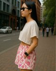 RF Wear Women's Floral Porcelain Pocket Shorts - Fuchsia/White - Model Side View