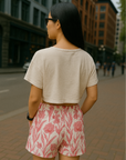 RF Wear Women's Floral Porcelain Pocket Shorts - Fuchsia/White - Model Back View
