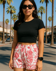 RF Wear Women's Floral Porcelain Shorts - White/Fuchsia - Model Front View