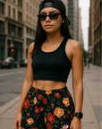 RF Wear Women's Floral Shorts - Black/Red/Peach - Model Front View