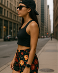RF Wear Women's Floral Shorts - Black/Red/Peach - Model Side View