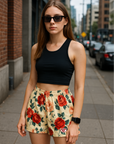 RF Wear Women's Floral Shorts - Cream/Red/Peach - Model Front View