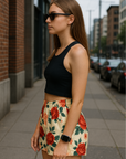 RF Wear Women's Floral Shorts - Cream/Red/Peach - Model Side View