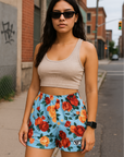 RF Wear Women's Floral Shorts - Sky Blue /Multi Color Flowers - Model Front View