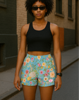 RF Wear Women's Floral Shorts - Teal/Multicolor - Model Front Side