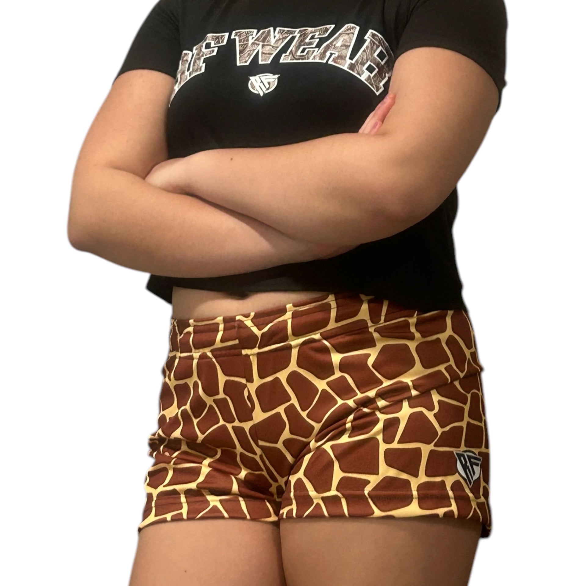 RF Wear Women's Animal Print Shorts - Giraffe - Brown/Yellow - Model Side View