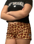 RF Wear Women's Animal Print Shorts - Giraffe - Brown/Yellow - Model Side View