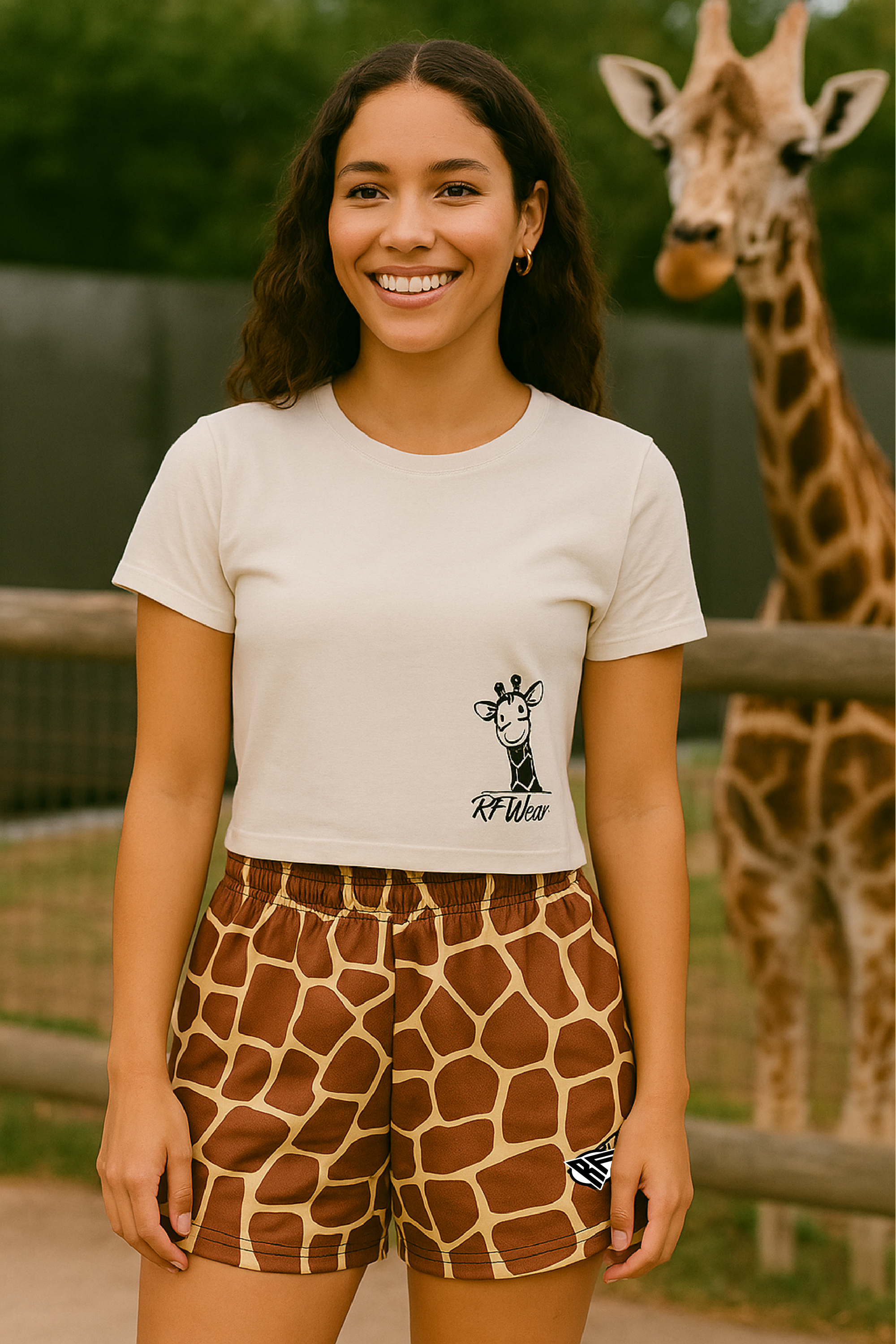 RF Wear Women's Animal Print Shorts - Giraffe - Brown/Yellow - Model Front View