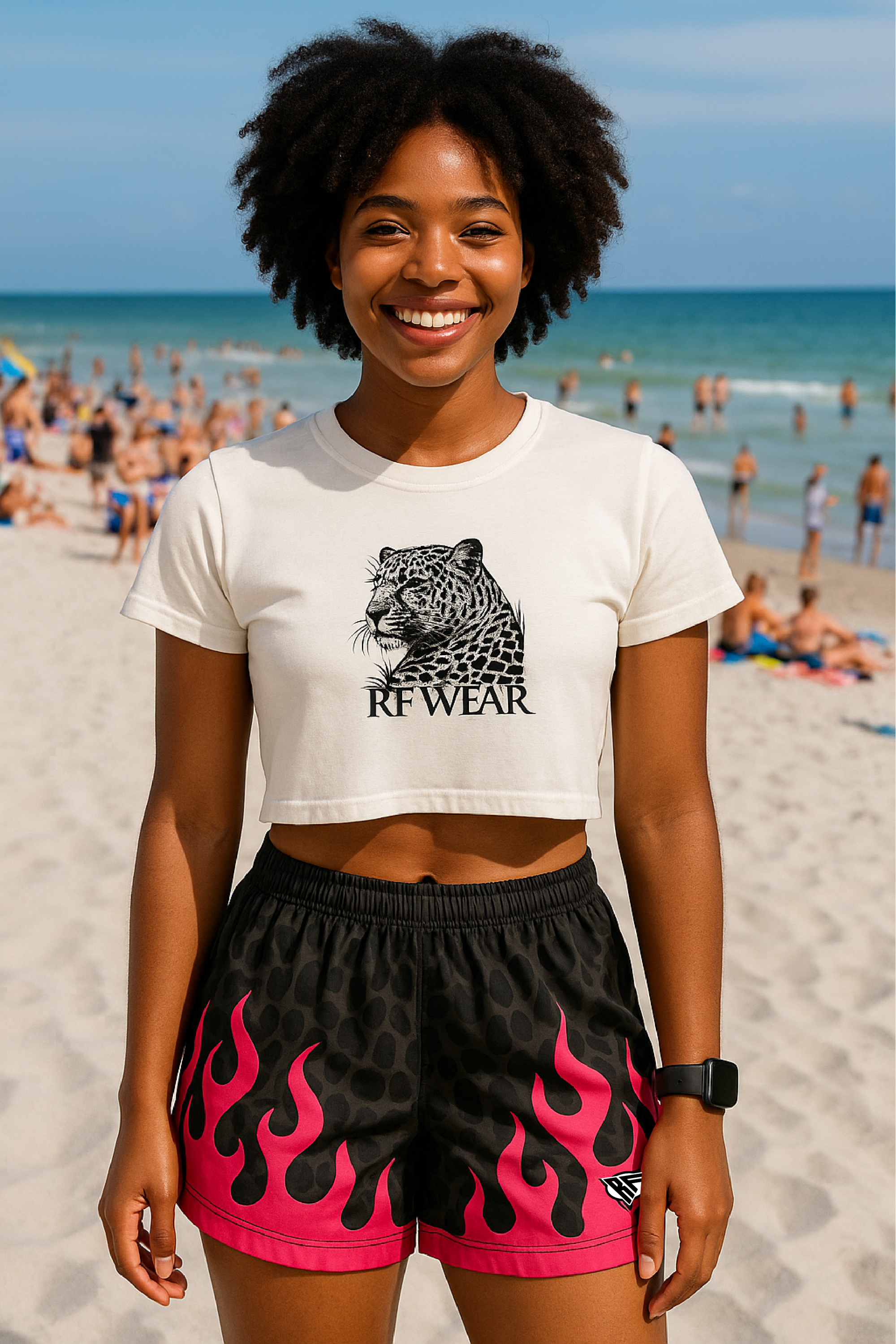 RF Wear Women's Leopard Flame Shorts - Black/Grey with Fuchsia Flames - Model Front View