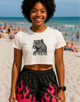 RF Wear Women's Leopard Flame Shorts - Black/Grey with Fuchsia Flames - Model Front View