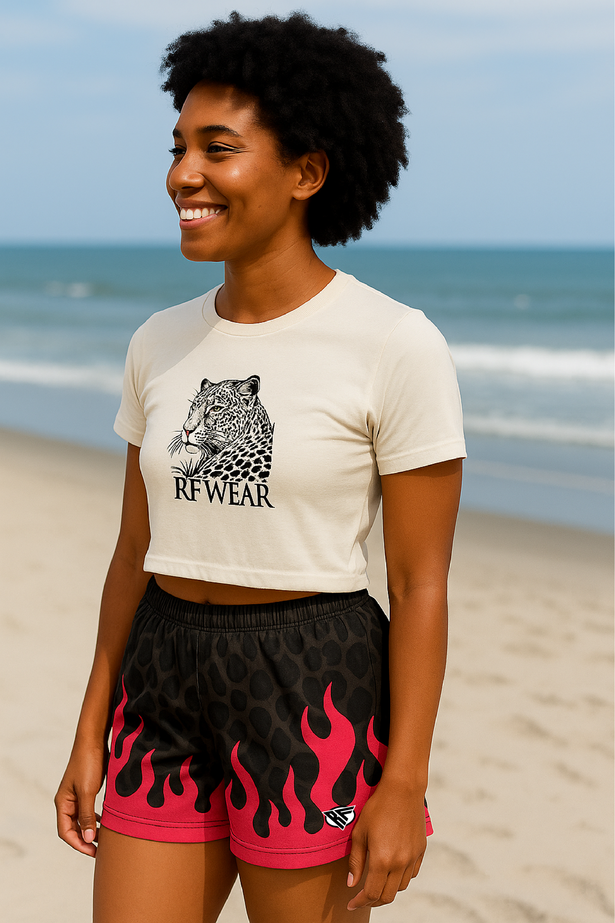 RF Wear Women's Leopard Flame Shorts - Black/Grey with Fuchsia Flames - Model Side View