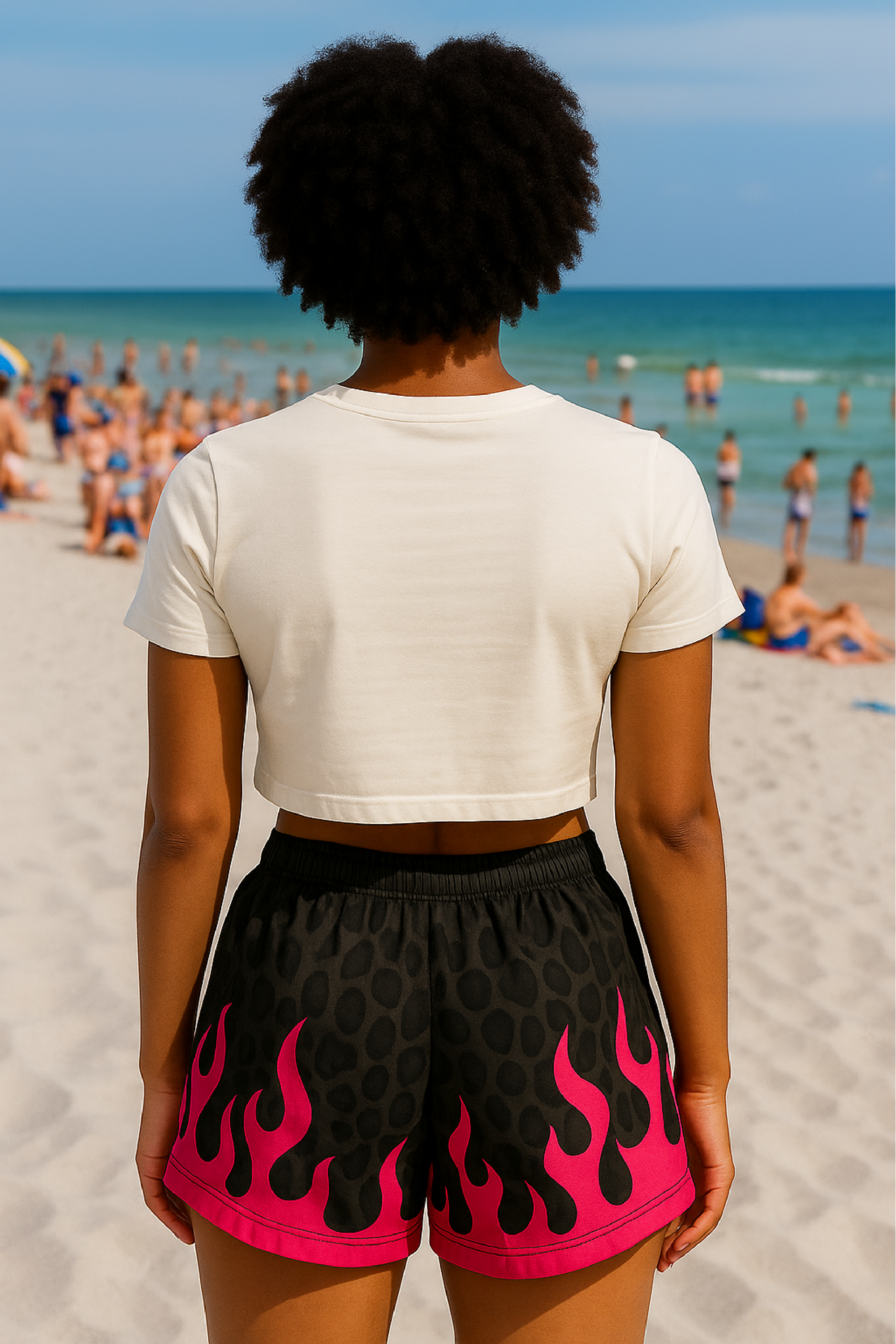 RF Wear Women's Leopard Flame Shorts - Black/Grey with Fuchsia Flames - Model Back View