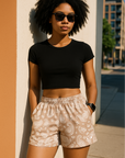 RF Wear Women's Paisley Pocket Shorts -Tan/White - Model Front View