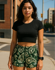 RF Wear Women's Paisley Shorts - Pine/Cream - Model Front View