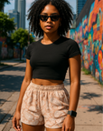 RF Wear Women's Paisley Shorts - Tan/White - Model Front View