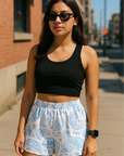 RF Wear Women's Paisley Shorts - White/Baby Blue - Model Front View