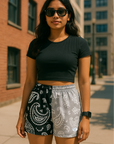 RF Wear Women's Split Paisley Shorts - Black/Silver/White - Model Front View