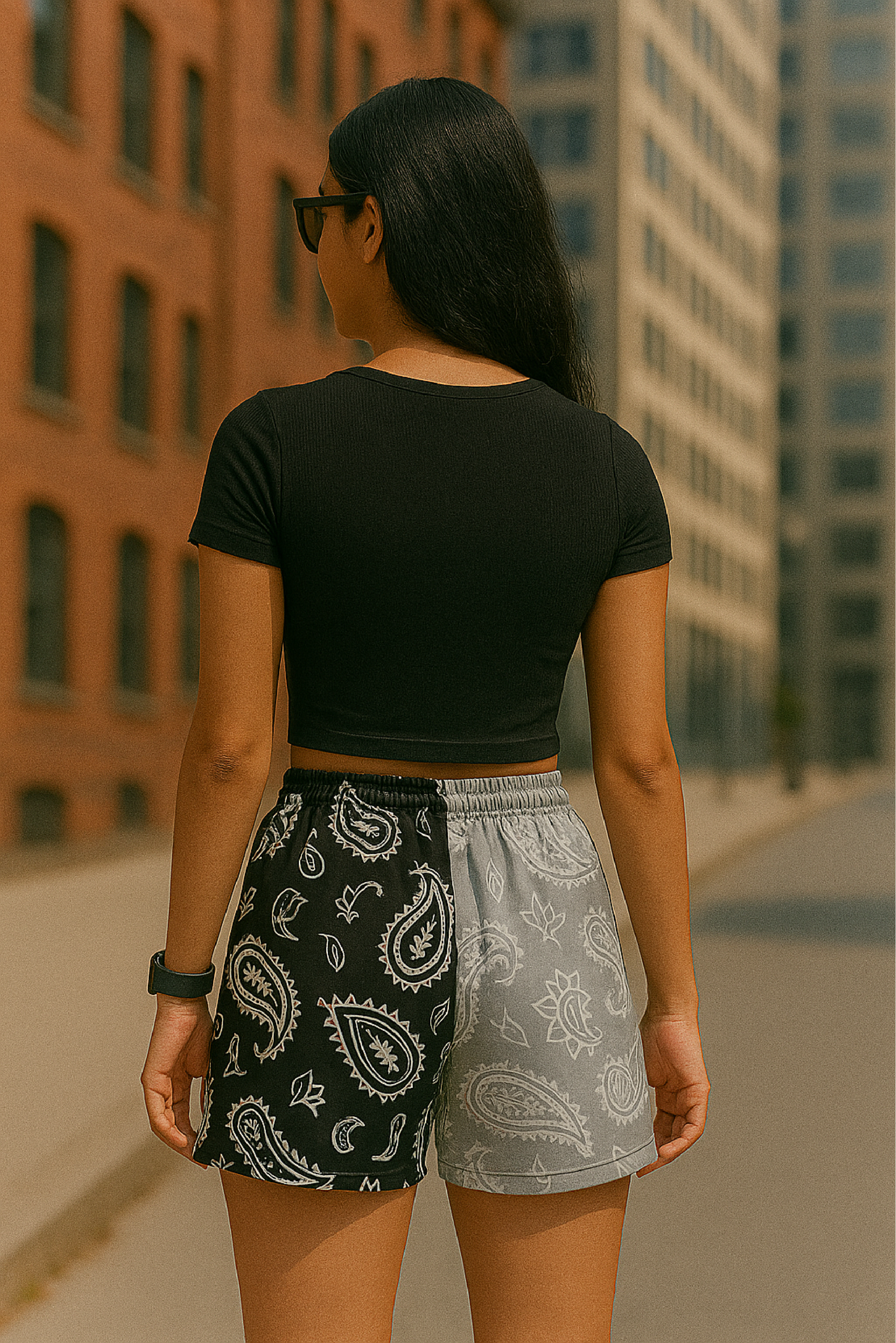 RF Wear Women's Split Paisley Shorts - Black/Silver/White - Model Back View