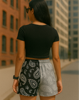 RF Wear Women's Split Paisley Shorts - Black/Silver/White - Model Back View