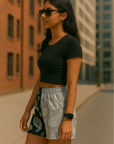 RF Wear Women's Split Paisley Shorts - Black/Silver/White - Model Side View