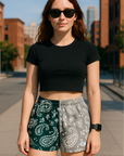 RF Wear Women's Split Paisley Shorts - Green/Silver - Model Front View