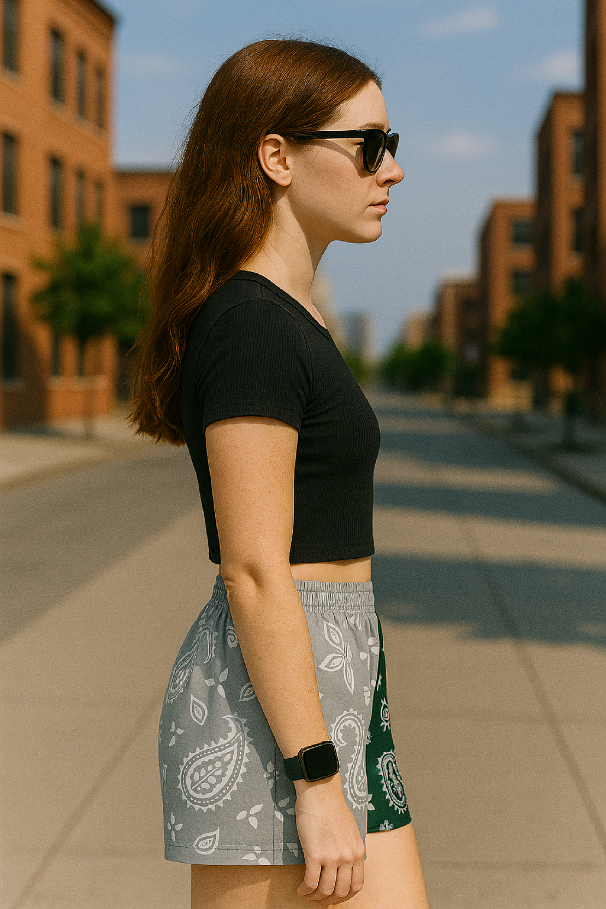 RF Wear Women's Split Paisley Shorts - Green/Silver - Model Side View