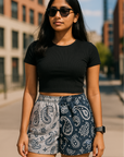 RF Wear Women's Split Paisley Shorts - Navy/Silver - Model Front View