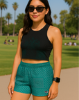 RF Wear Womens Patchwork Bandana Shorts Green/Black/White - Model Front View