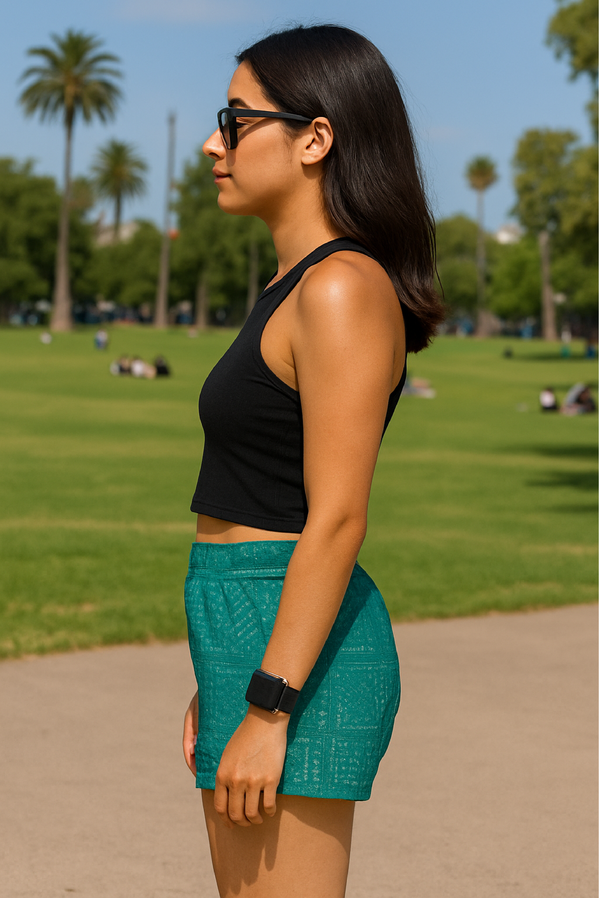 RF Wear Womens Patchwork Bandana Shorts Green/Black/White - Model Side View