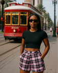 RF Wear Women's Tartan Plaid Pocket Shorts Black/Pink - Model Front View