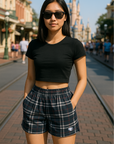 RF Wear Women's Tartan Plaid Pocket Shorts Navy/White - Model Front View