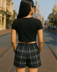 RF Wear Women's Tartan Plaid Pocket Shorts Navy/White - Model Back View