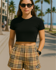 RF Wear Women's Tartan Plaid Pocket Shorts Tan/Black - Model Front View