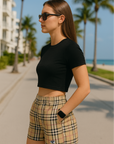 RF Wear Women's Tartan Plaid Pocket Shorts Tan/Black - Model Side View