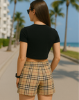RF Wear Women's Tartan Plaid Pocket Shorts Tan/Black - Model Back View