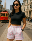 RF Wear Women's Tartan Plaid Pocket Shorts White/Pink - Model Front View
