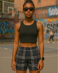 RF Wear Women's Tartan Plaid Shorts Navy/White - Model Front View